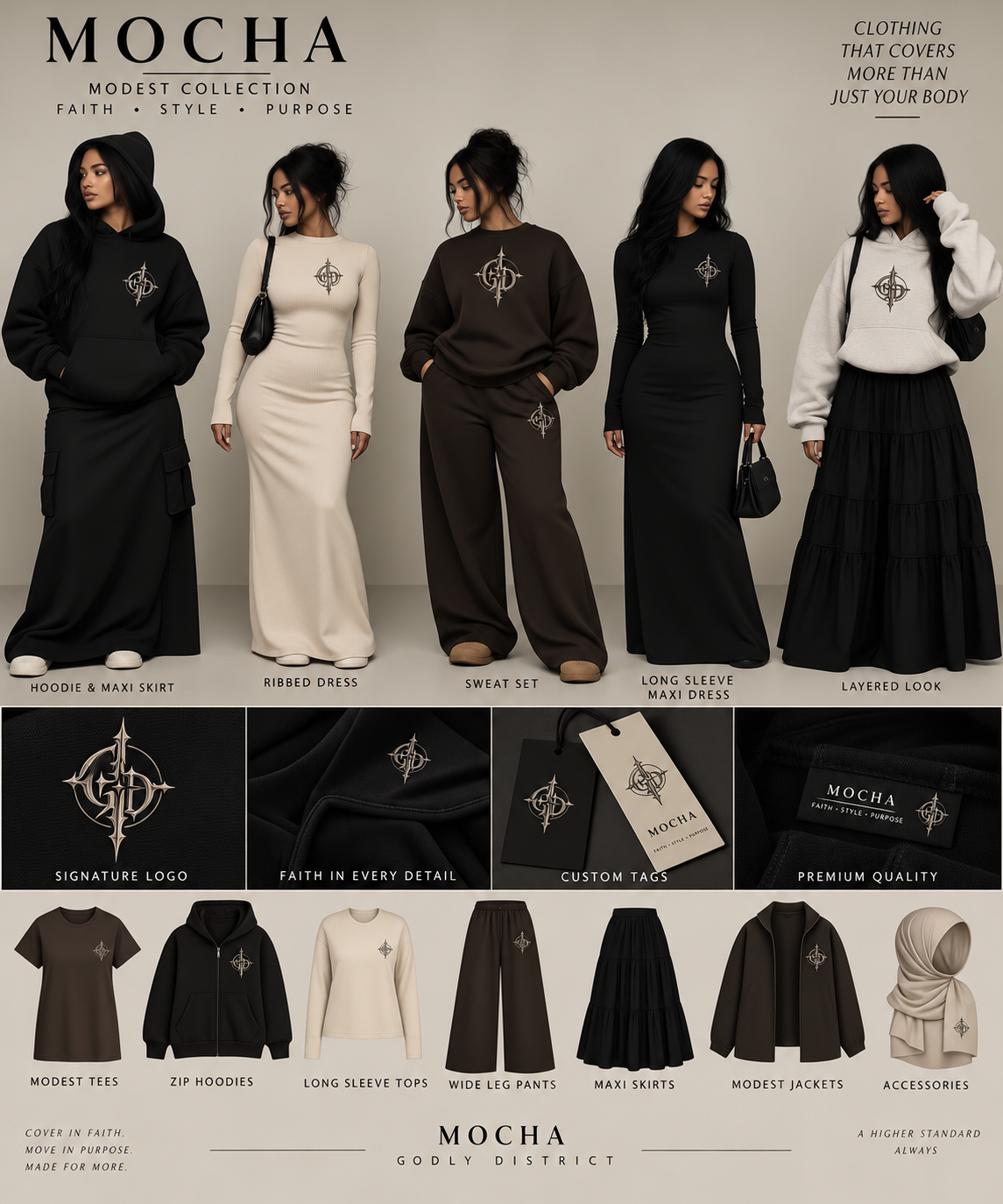 MOCHA modest collection — hoodies, maxi dresses, sweat sets and skirts