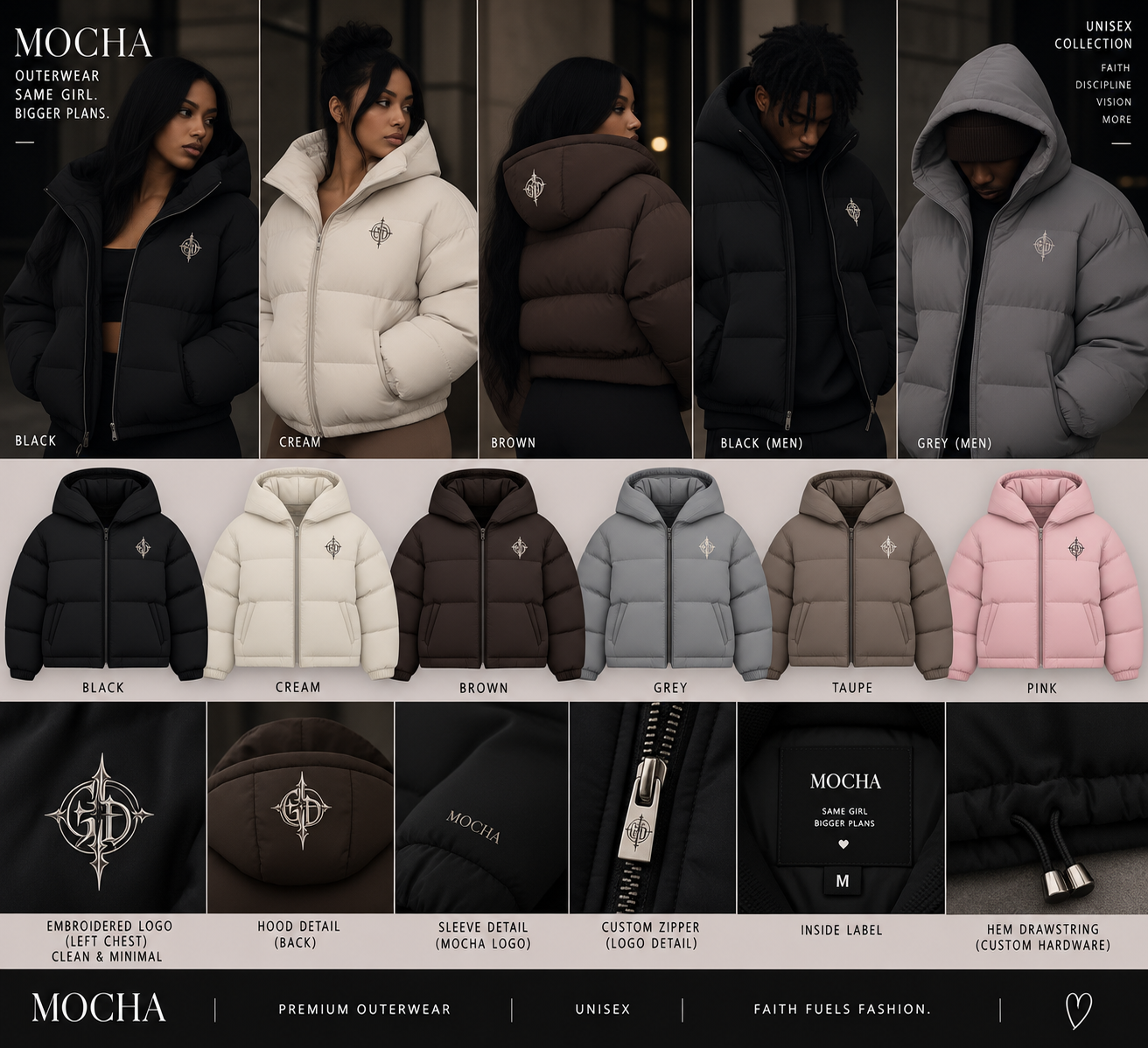 MOCHA outerwear collection — puffer jackets in black, cream, brown and grey